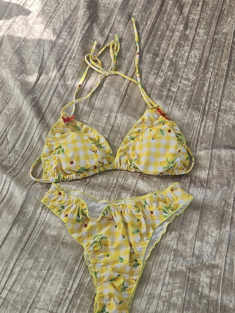 SHEIN Yellow Gingham Lemon Print Triangle Bikini Set